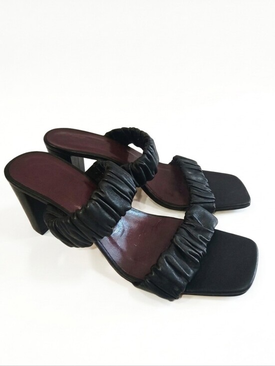 STAUD Shoes - STAUD Frankie Black Ruched Leather High Block Heel Mules | Size 7